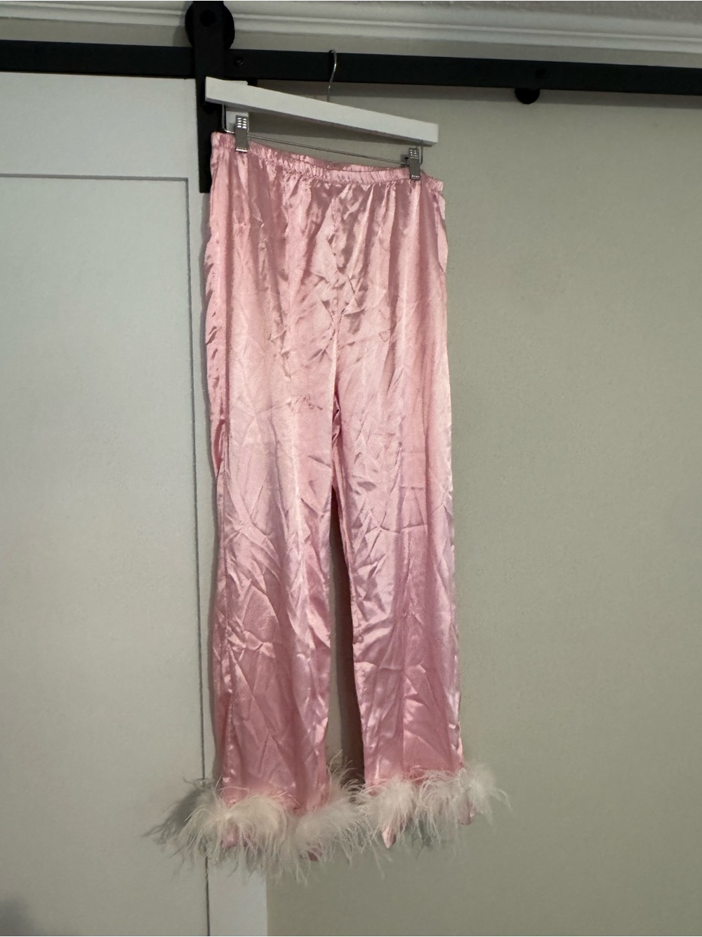 Pink Satin Feather Trim Lounge Pants